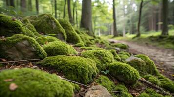 Lush green moss blankets rocks and forest floor, creating a serene, enchanting woodland scene with dappled sunlight filtering through trees. photo