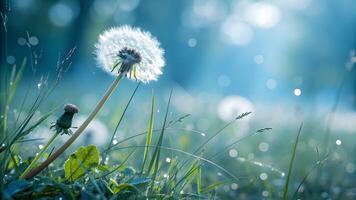 Dandelion clock in a dewy meadow with soft sunlight and bokeh background, symbolizing natures serene beauty and the fleeting moments of life. photo
