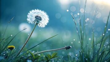 Dandelion clock in a dew covered meadow with soft morning light creating a serene and tranquil atmosphere, perfect for nature backgrounds. photo