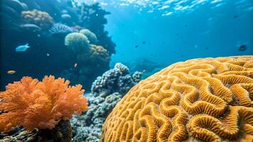 Underwater Scene of Vibrant Coral Reef, Highlighting Marine Life and Ocean Ecosystem, Diverse Aquatic Plants and Animals, Environmental Conservation, Climate Change Impact, Sustainable Sea Practices, photo