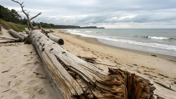 A serene beach scene with driftwood scattered along the sandy shore, gentle waves rolling in under a cloudy sky, and distant trees lining the horizon. photo