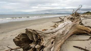 A weathered driftwood log lies on a serene, sandy beach under a cloudy sky, with gentle waves in the background. photo