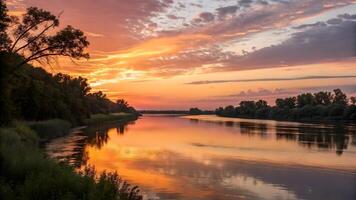 Serene sunset over a tranquil river, with vibrant orange and pink skies reflected in the water, surrounded by lush greenery and trees. photo