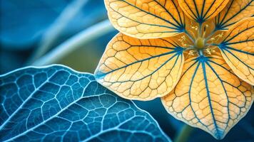 A vibrant, autumn colored leaf with intricate vein patterns rests against a rough tree trunk, showcasing the beauty of natures transition. photo