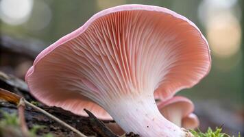 Mushroom with delicate pink gills in forest setting for nature enthusiasts and photographers exploring the beauty of fungi in their natural habitat nature photo