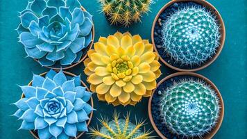 Vibrant array of succulents and cacti in various shades of blue, yellow, and green, arranged in small pots on a teal background. photo