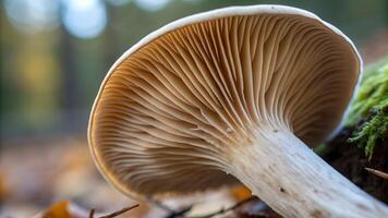 Close up of a delicate mushroom with intricate gills, showcasing its natural beauty and fine details in a serene forest setting. photo