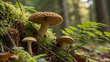 Mushrooms with intricate caps emerge from a lush, moss covered forest floor, surrounded by ferns and bathed in dappled sunlight. photo
