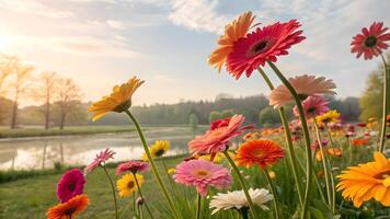 Vibrant Gerbera Daisies in Bloom at Sunset for Nature Lovers and Gardeners Seeking Serenity and Beauty in Floral Photography photo