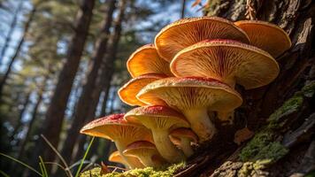 Mushrooms Growing on Tree Trunk in Forest, Close Up View of Fungi, Ecosystem Health Indicator, Natural Habitat, Biodiversity, Wildlife Conservation, Environmental Science, Sustainable Forestry, photo