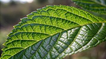 Vibrant green leaf with intricate vein patterns and a glossy surface, illuminated by natural sunlight against a blurred nature background. photo