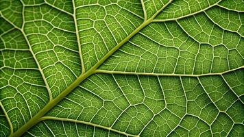 A vibrant, close up view of a green leaf showcasing intricate vein patterns and textures, symbolizing natures complexity and beauty. photo