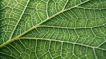 Close up of a vibrant green leaf showcasing intricate vein patterns and textures, symbolizing natures complexity and beauty. photo