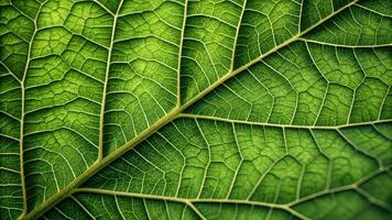 A vibrant, close up view of a green leaf showcasing intricate vein patterns and textures, perfect for nature related designs. photo