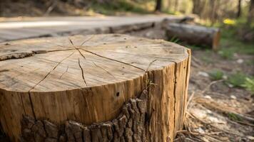 A close up of a weathered tree stump in a forest, showcasing its intricate rings and natural texture, with a wooden path and greenery in the background. photo