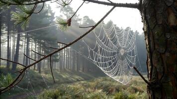 Spiderweb glistening with dew in a serene forest setting for nature enthusiasts and photographers background photo