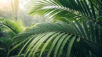 Tropical palm leaves glisten with dew in a lush, verdant jungle, bathed in soft, diffused sunlight filtering through the dense canopy above. photo
