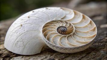 Intricately detailed nautilus shell showcasing the Fibonacci sequence in nature, resting on a textured wooden surface. photo