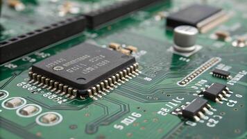 Close Up View of Circuit Board with Microchips, Highlighting Electronics Manufacturing, Technology Components, Semiconductor Industry, Innovation in Engineering, Computer Hardware Design, Electrical photo