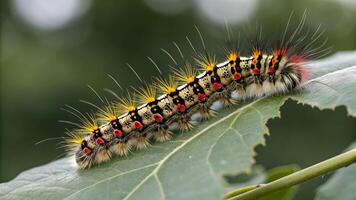 Close Up of Colorful Caterpillar on Green Leaf, Highlighting Natures Beauty and Diversity, Wildlife Photography, Insect Life Cycle, Ecosystem Balance, Biodiversity Conservation, Environmental photo