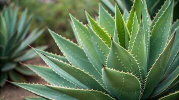 Close up of vibrant green aloe vera plants with sharp, serrated leaves, showcasing the intricate patterns and textures in a natural desert setting. photo