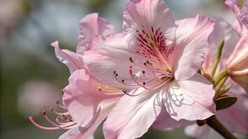 Delicate pink peach blossom with intricate stamens in full bloom, set against a soft focus background of lush greenery and gentle bokeh. photo