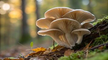 Mushroom cluster glowing in forest sunlight for nature enthusiasts and photographers autumn photo
