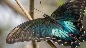 A stunning close up of a Giant Swallowtail butterfly, showcasing its intricate black and yellow wing patterns against a soft, natural backdrop. photo