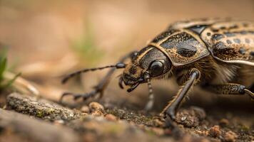 A detailed close up of a spotted longhorn beetle on the ground, showcasing its intricate patterns and textures in natural lighting. photo