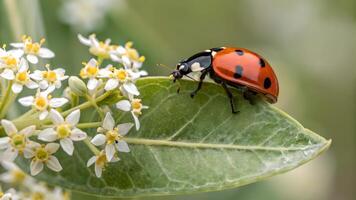 Ladybug on Leaf with White Flowers, Highlighting Insect and Plant Interaction, Close Up Nature Photography, Ecosystem Balance, Pollination Process, Wildlife Conservation, Biodiversity Importance, photo
