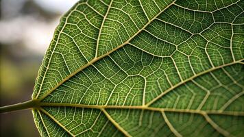 Close-up of a vibrant green leaf with intricate vein patterns, perfect for nature enthusiasts and botanical studies pattern photo