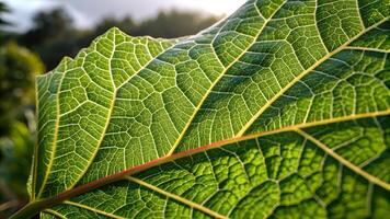 Close Up of Green Leaf with Intricate Veins, Highlighting Natures Beauty and Complexity, Detailed Plant Texture, Botanical Photography, Environmental Science, Ecosystem Health, Photosynthesis photo