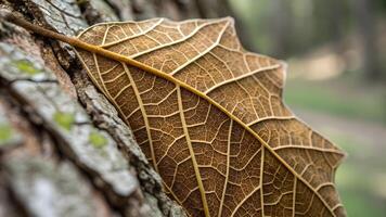A close up of a delicate, brown autumn leaf with intricate vein patterns resting against the textured bark of a tree in a serene forest setting. photo
