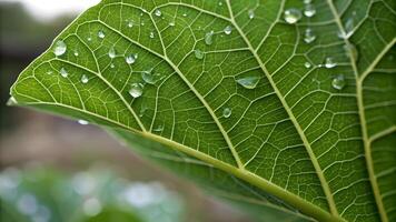 Close Up of Dew Drenched Leaf, Highlighting Natures Beauty and Vitality, Detailed View of Green Plant with Water Droplets, Environmental Conservation, Ecosystem Health, Botanical Photography, photo