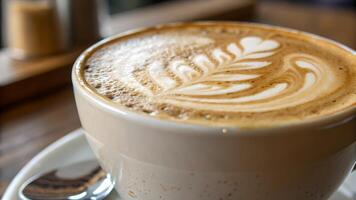 A close up of a perfectly crafted latte with intricate frothy designs, served in a white ceramic cup on a wooden table, capturing the essence of a cozy caf ambiance. photo
