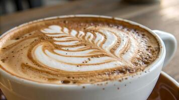 A close up of a perfectly crafted cappuccino with intricate latte art, showcasing a beautiful leaf design in the frothy milk atop the rich, smooth espresso. photo