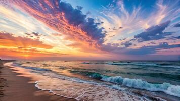 Sunset beach scene with vibrant colors and dramatic sky for travel enthusiasts summer photo