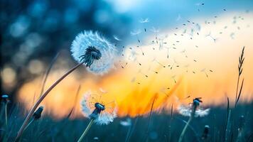 Dandelion seeds gently floating in the air during a serene sunset, perfect for nature enthusiasts and photographers seeking tranquil imagery background photo