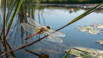 Dragonfly resting on reed by serene pond for nature enthusiasts and photographers seeking tranquil wildlife scenes nature photo