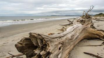 Driftwood on sandy beach with ocean waves and cloudy sky, perfect for nature enthusiasts seeking serene coastal landscapes driftwood photo
