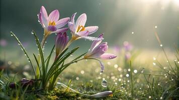 Purple crocuses with dew drops in a sunlit meadow for nature enthusiasts and photographers crocus photo