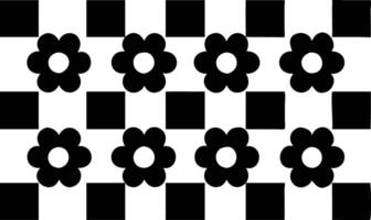 Seamless Pattern Flowers and Squares, Retro Style, Black and White Checkerboard Art vector