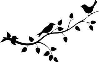 Black Bird Silhouette on Branch with Leaves and Birds Isolated on White vector