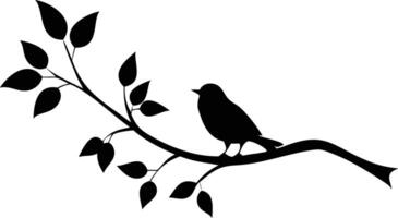 Isolated Silhouette of Songbird Perched on Branch with Leaves on White Background vector