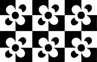 Black and White Floral Checkerboard Pattern Tiles with a Simple Flower Design vector
