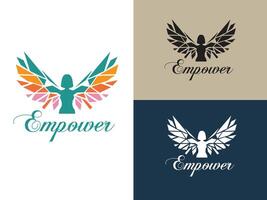 Empowerment Crest A refined emblem symbolizing female strength, featuring a stylized figure with radiant wings and the inspiring word Empower in an elegant script. vector