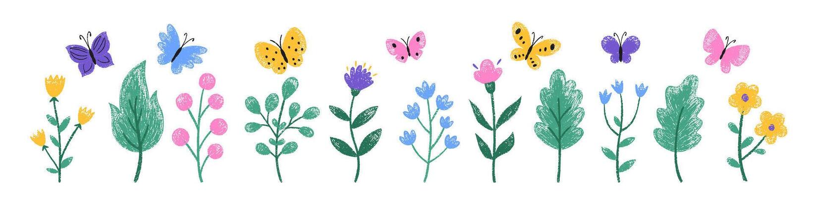 Set of color butterfly, leaves and spring flowers with crayon, pastel or chalk texture. Wildflowers and insects painted with pencil. Doodle illustration for child or school.