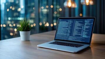 laptop displaying code on wooden table with plant in modern office photo
