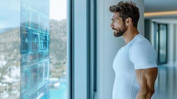 man in fitted shirt interacts with futuristic display, showcasing advanced technology photo
