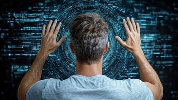Man interacting with futuristic digital interface, exploring technology photo
